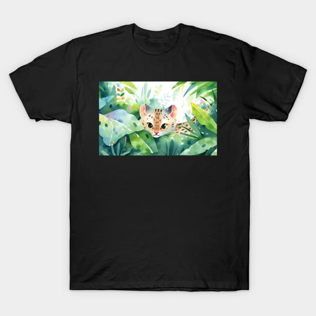 Whimsical Jungle Cat Watercolor Illustration T-Shirt by A Badger